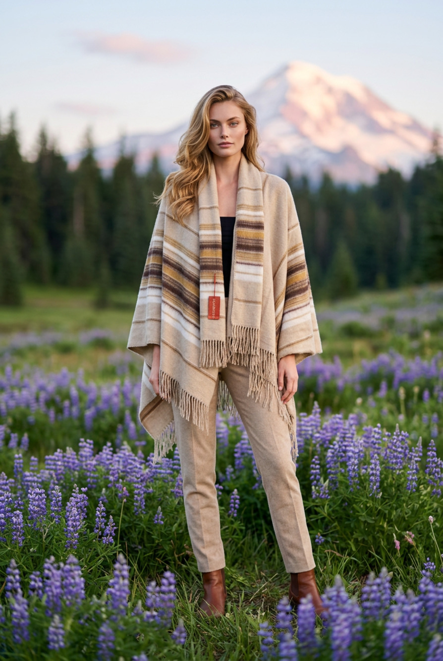 Camargo 100% Alpaca Striped Fringe Poncho Shawl Wrap